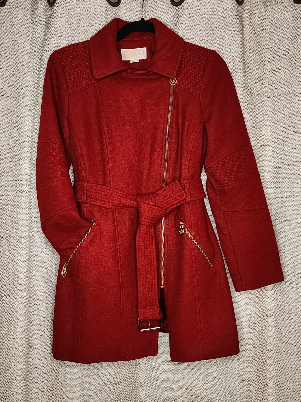 Michael Kors Red Belted Wool-Blend Pea Coat